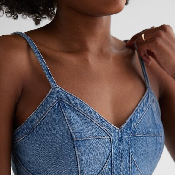 Express Denim Crop Corset Top Sweetheart Neckline Zipper Back Spaghetti Straps - Picture 2 of 11